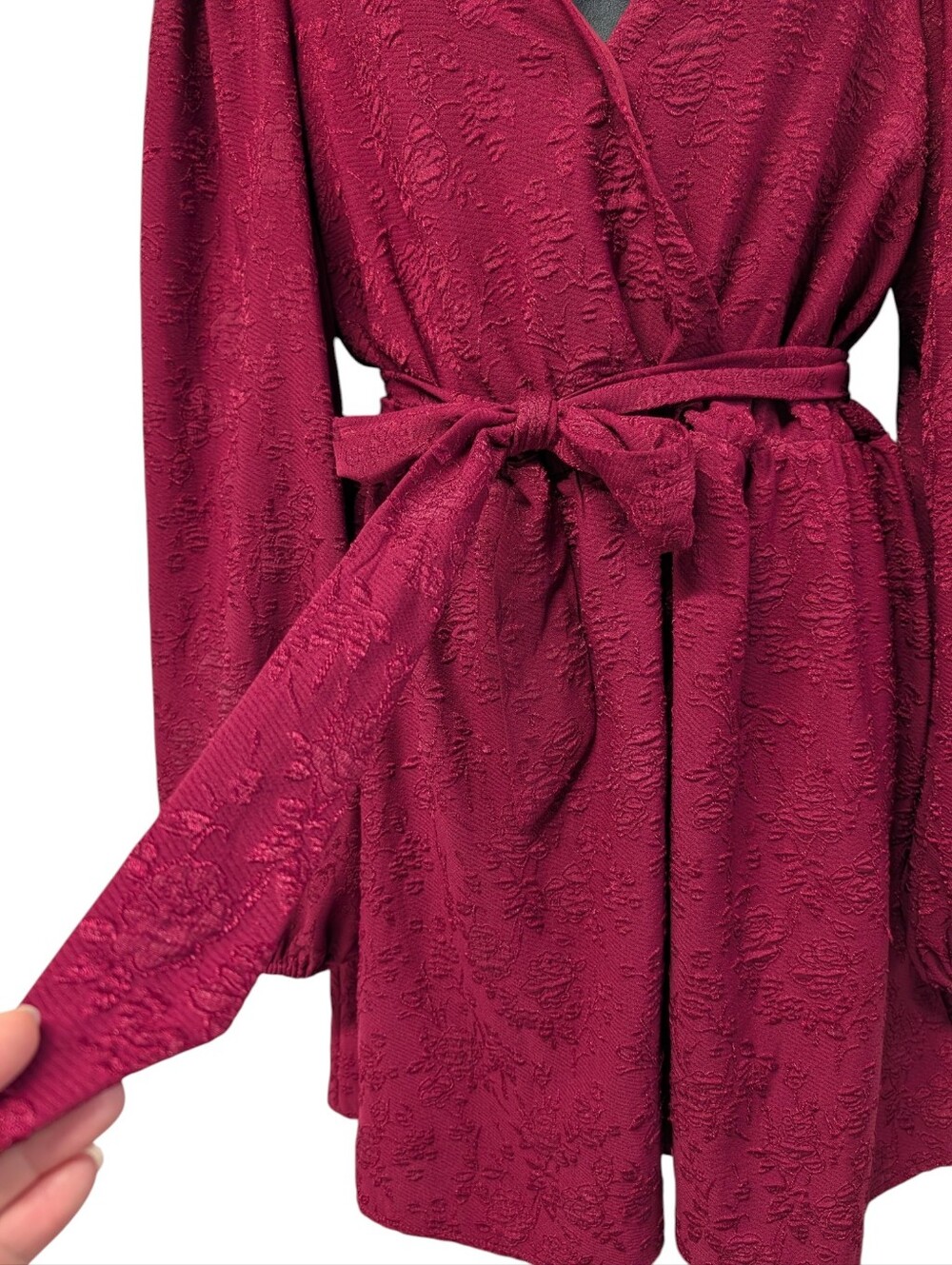Lulus Burgundy Red Textured Wrap Dress Women's XL Long Puff Sleeve - Picture 5 of 8